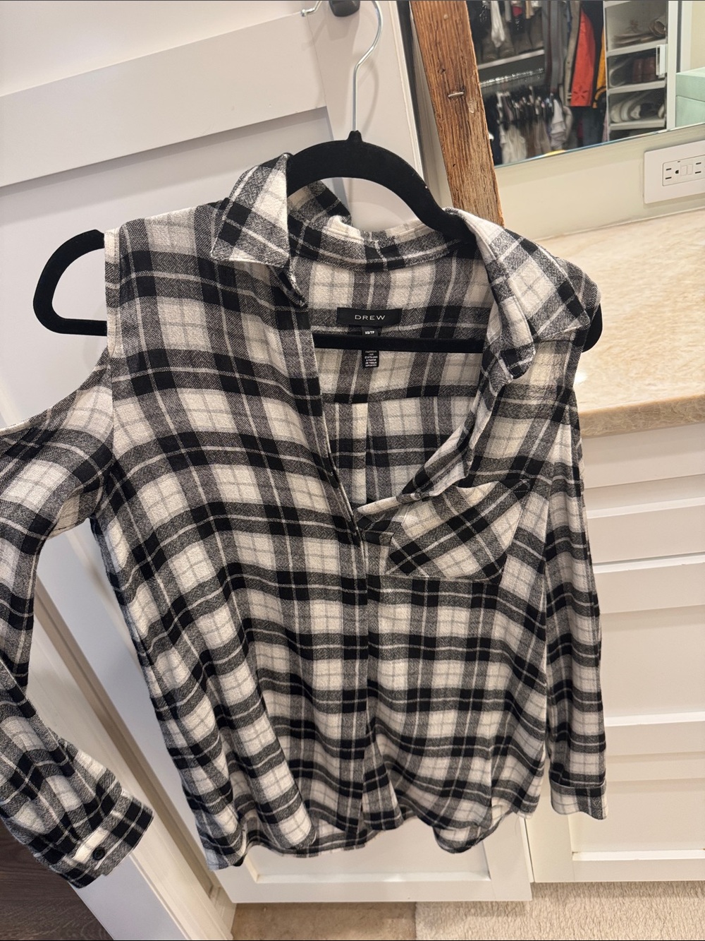 DREW Black & White Plaid Cold-Shoulder Button-Down Shirt